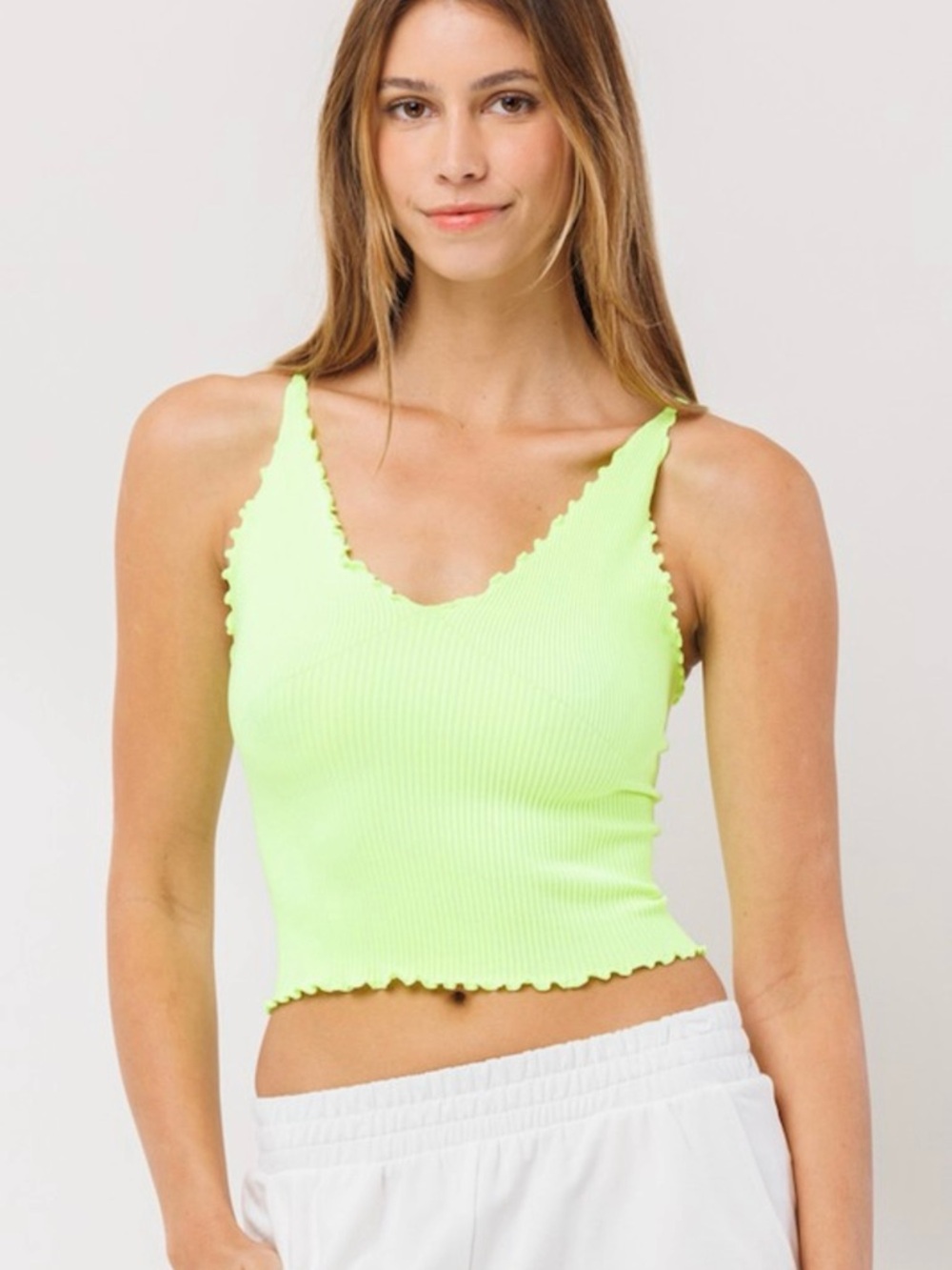 Women’s Neon Lime Ribbed V-Neck Crop Tank Top - Unbranded